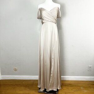 Dessy Collection 3108 Off Shoulder Satin Maxi Dress Champagne Size 2 NEW